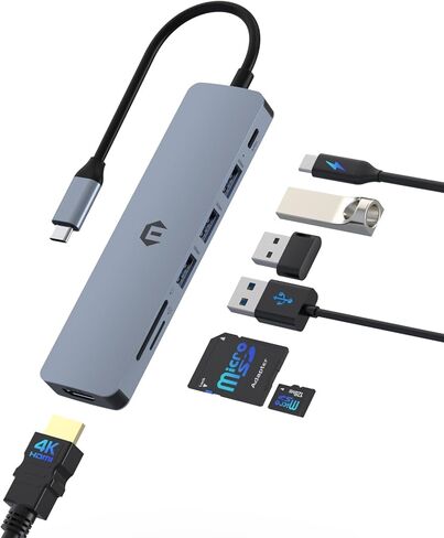 محطة إرساء 7 في 1 USB C Hub محول متعدد المنافذ مع منفذ شحن HDMI 100W PD، قاعدة SD/TF، ​​3 منافذ USB 3.0 لأجهزة الكمبيوتر المحمول من النوع C in Kuwait