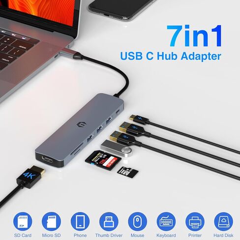 محطة إرساء 7 في 1 USB C Hub محول متعدد المنافذ مع منفذ شحن HDMI 100W PD، قاعدة SD/TF، ​​3 منافذ USB 3.0 لأجهزة الكمبيوتر المحمول من النوع C in Kuwait
