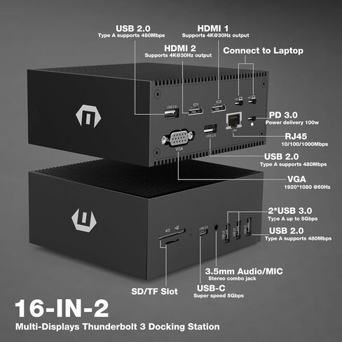 محطة إرساء USB C 16 في 2 شاشة ثلاثية عالمية USB C Dock، 4K HDMI، VGA، 100W PD مدخل متعدد المنافذ متعدد المنافذ لأجهزة MacBook Pro/Air، Lenovo، HP، Dell USB-A/C 3.0، RJ45، الصوت والميكروفون، SD/TF in Kuwait