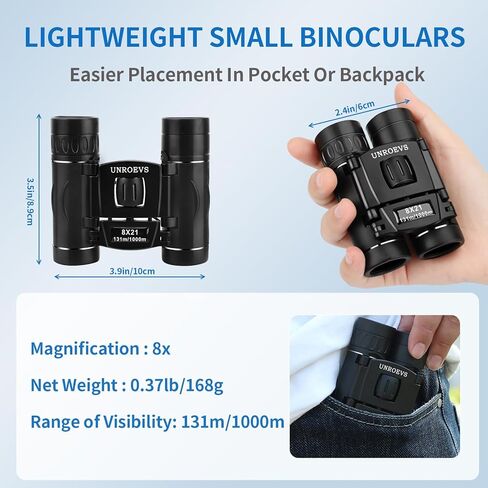 Small Binoculars for Adults and Kids,Pocket Compact Binoculars for Bird Watching,Mini Lightweight High Powered Folding Binoculars for Cruise Ship,Traveling by UNROEVS.(Black,8X21 in Kuwait