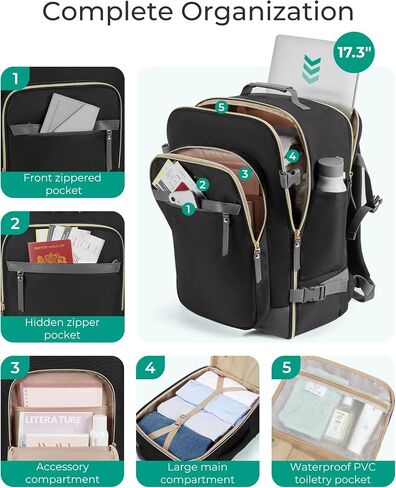 BAGSMART Travel Backpack for Women, Large 40L Carry-On Backpack Fits 17.3 Inch Laptop, TSA Approved Water-Resistant Weekender Gym Backpack, Black in Saudi Arabia