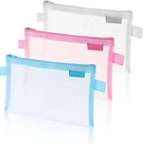 3 Pieces Pencil Pouch Clear Makeup Bags Nylon Mesh Pen Pouch with Zipper Pencil Case Stationery Storage Bag for Home Office Supplies Cosmetics Travel Accessories (Black, White, Grey) in Kuwait