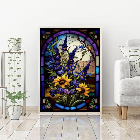 مجموعات الطلاء الماسي للبالغين، مجموعات فنية ماسية خماسية الأبعاد للزهور للمبتدئين، مجموعات طلاء ألماس من الزجاج الملون على شكل زهرة كاملة لتزيين الحائط المنزلي مقاس 16 × 20 بوصة in Kuwait