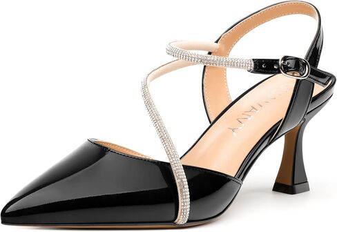Women's Pumps, Pointed Toe Mid Heel with Buckle Ankle Strap, Fashion Solid Rhinestones Backstrap Pump for Women in Kuwait