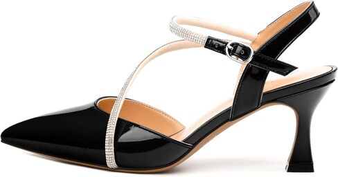 Women's Pumps, Pointed Toe Mid Heel with Buckle Ankle Strap, Fashion Solid Rhinestones Backstrap Pump for Women in Kuwait