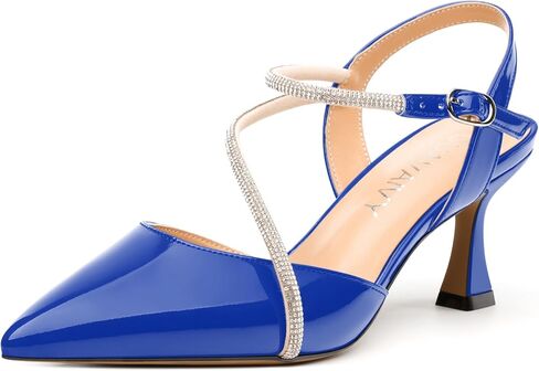Women's Pumps, Pointed Toe Mid Heel with Buckle Ankle Strap, Fashion Solid Rhinestones Backstrap Pump for Women in Kuwait