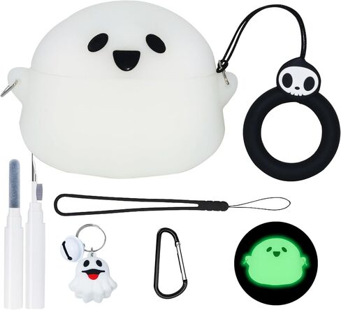غطاء شبح لطيف لجهاز Airpods Pro (الجيل الثاني/الأول) - حافظة من السيليكون الكرتونية ثلاثية الأبعاد المضحكة من Hallowee لحقيبة AirPods Pro 5 في 1 طقم قلادة شبح ومجموعة منظف للنساء والرجال (يتوهج في الظلام) in Saudi Arabia