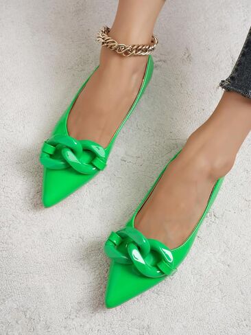 Women Patent Leather Pointed Toe Ballet Flats with Chain Embellishment Daily Shoes in Saudi Arabia