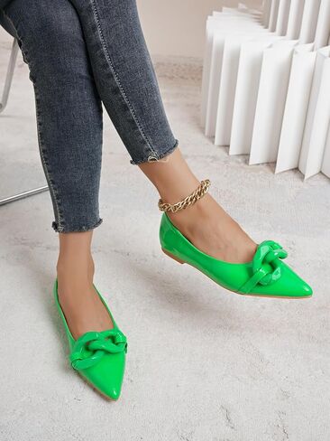 Women Patent Leather Pointed Toe Ballet Flats with Chain Embellishment Daily Shoes in Saudi Arabia