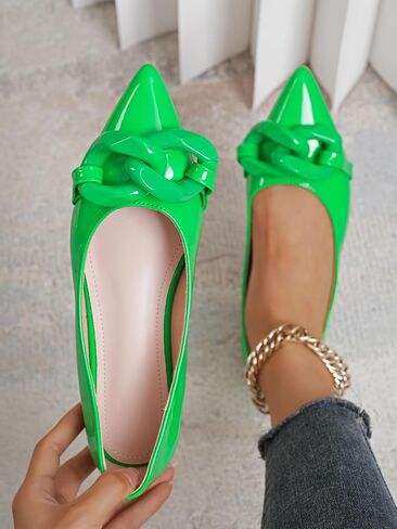 Women Patent Leather Pointed Toe Ballet Flats with Chain Embellishment Daily Shoes in Saudi Arabia