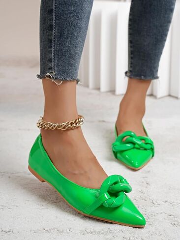 Women Patent Leather Pointed Toe Ballet Flats with Chain Embellishment Daily Shoes in Saudi Arabia