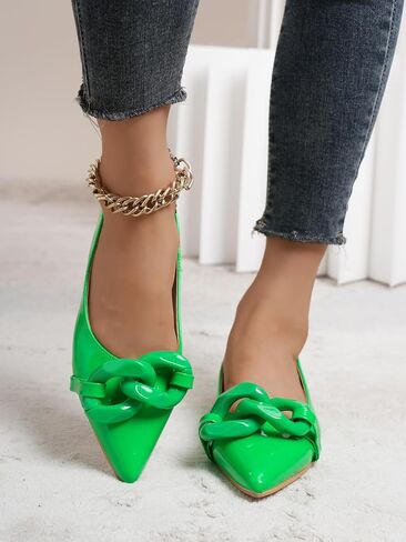 Women Patent Leather Pointed Toe Ballet Flats with Chain Embellishment Daily Shoes in Saudi Arabia