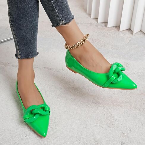 Women Patent Leather Pointed Toe Ballet Flats with Chain Embellishment Daily Shoes in Saudi Arabia