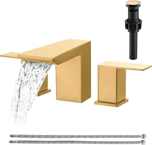 BESy Matte Black Bathroom Faucet 3 Holes Two Handles Vanity Widespread 8 Inch Bathroom Sink Faucet, Waterfall Bathroom Sink Faucet with cUPC Supply Hoses, Pop Up Drain, Stainless Steel in Saudi Arabia