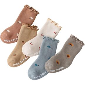 GuaziV Toddler Baby Socks Ankle Crew Cotton Newborn Socks, Anti Slip Warm Thick Cotton Unisex Frilly Ruffle Socks 5 Pairs
