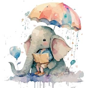 Cute Watercolor Baby Elephant Reading Wall Stickers, Adorable Lovely Grassland Decor Decals, Vinyl Waterproof Peel Removable Murals for Nursery Kids Baby Room Bathroom Toilet Furniture Classroom