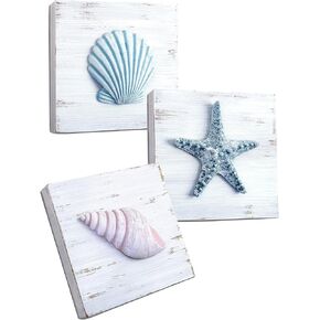 TideAndTales Blue Seashells and Starfish (Framed Set of 3) Coastal 3D Wall Art, Beach Wall Decor for Bathroom or Coastal Bedroom, Ocean Inspired Beach Decorations for Home or Beach House