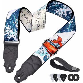 Guitar Strap 2 inch Cotton Guitar Straps with Full Grain First Layer Cowhide Leather End, for Bass Electric and Acoustic Guitars, Free Strap Button, 2 Strap Locks and 4 Guitar Picks