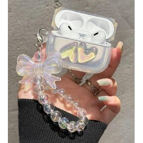 JANDM Compatible for AirPods Pro 2nd Case Shockproof Soft Clear TPU Cute 3D Colour Love Heart Design Cover with Bling Bow Beads Keychain Wristlet for Airpods Pro 2nd Generation