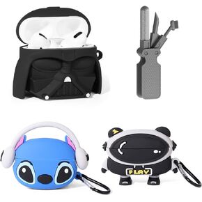(3Pack) Case for AirPods Pro 2nd/1st Generation with Cleaning kit, XMBYGY Cute Skin Design Silicone Cartoon Charging Case Protective Covers with Keychain for AirPods Pro 2/Pro Earbuds (G+F+M)