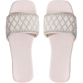 Verdusa Women's Square Toe Pearl Rhonestone Flat Sandals Slip On Slides Summer Shoes