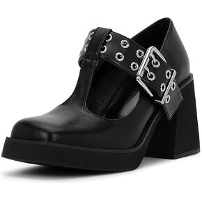 Women's T-Strap Platform Block Heel Mary Janes Pumps Square Toe Buckle Punk Dress Shoes