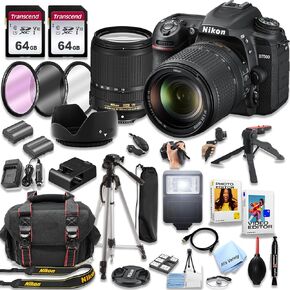Nikon D7500 DSLR Camera Kit with 18-140mm VR Lens + 128GB Memory, Spare Battery, Filters,Case, Tripod, Flash, and More (39pc Bundle), Black (Renewed)