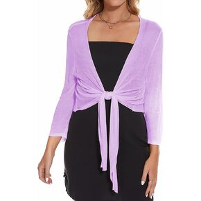 Women's Tie Front Bolero Crochet Cardigan Shrug Sweater 3/4 Sleeve Knotted Lightweight Short Shawl Top