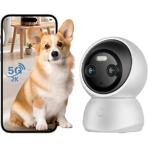 Dual Lens 2K Security Camera Indoor,360° Pet Camera Indoor, 2.4/5GHz WiFi, Motion Tracking, Color Night Vision,One-Touch Call, Motion Detection for Dog/Baby/Elder Monitoring,Compatible with Alexa