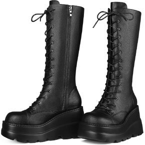 Womens Platform Mid Calf Boots for Women Goth Punk Combat Wedges Chunky High Heel booties with Lace up Round-Toe Side Zip