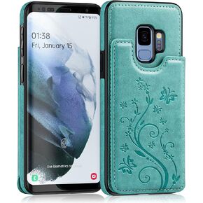 Korecase for Samsung Galaxy S9 Wallet Flip Case with Card Holder, Embossed Butterfly Pattern Flower PU Leather Double Buttons Folio Shockproof Cover for Magnetic Car Mount 5.8 Inch, Mint Green