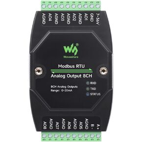 Waveshare Industrial 8-Ch Analog Output Module, 12-Bit DA Conversion, Supports 8-Ch Simultaneous Current Output, DC 7~36V Wide Voltage Power Supply, Modbus RTU Protocol, Rail-Mount Support