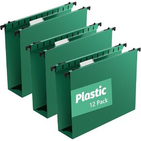 Plastic Hanging File Folders,12 Pack Reinforced Extra Capacity Hang Folders,Heavy Duty 2 Inch Expansion,Green Filing Cabinet Folders,Letter Size,for Bulk Files, Medical Charts