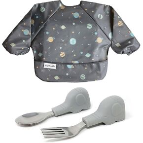 Tiny Twinkle Mess-proof Full Sleeve Bib and Toddler Utensils Bundle