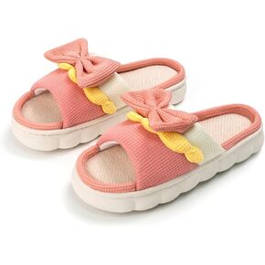 Bow Knot Slippers for Women, Cute House Cloud Slides, Indoor Open Toe Sandals, Comfortable Bedroom Shoes Linen Slippers
