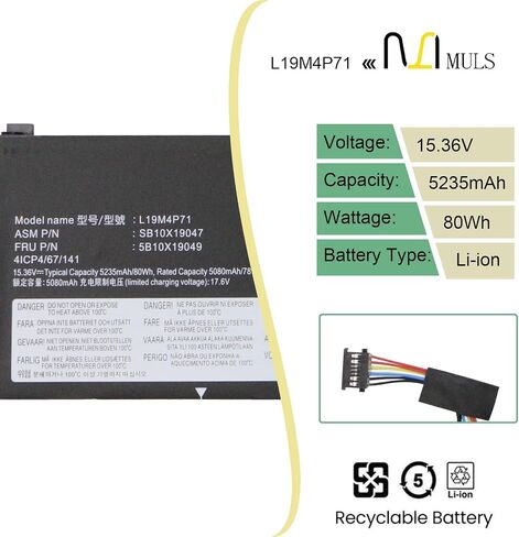 بطارية كمبيوتر محمول MULS 80Wh L19C4P71 L19M4P71 L19L4P71 لجهاز Lenovo ThinkPad X1 Extreme P1 Gen 3 20TK 20TL 20TH 20TJ 20TK000AGE 20TK000DGE 20TK000AMH 20TLS0UV00 20TH0008UK 20TJS06X00 دفتر 5B10X19050 in Saudi Arabia
