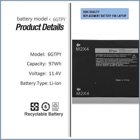 6GTPY بطارية كمبيوتر محمول لديل XPS 15 9570 9560 9550 7590 الدقة 5530 5520 5510 M5510 M5520 سلسلة 5XJ28 5D91C GPM03 6 خلية 97Wh 11.4V in Kuwait