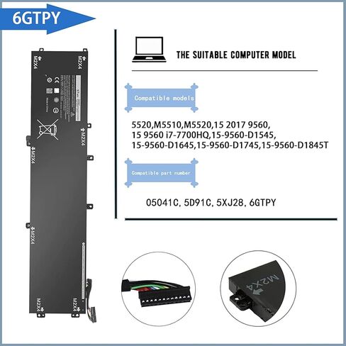 6GTPY بطارية كمبيوتر محمول لديل XPS 15 9570 9560 9550 7590 الدقة 5530 5520 5510 M5510 M5520 سلسلة 5XJ28 5D91C GPM03 6 خلية 97Wh 11.4V in Kuwait