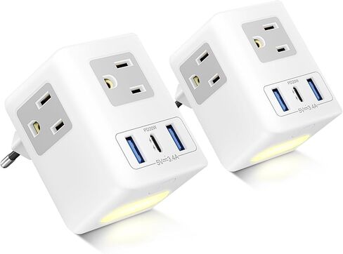 2 Pack European Travel Plug Adapter with Night Light 20W USB C, US to Europe International Power Plug Adapter 3 Outlets 3 USB Ports, JXGUCAT EU Type C Adaptor in Saudi Arabia
