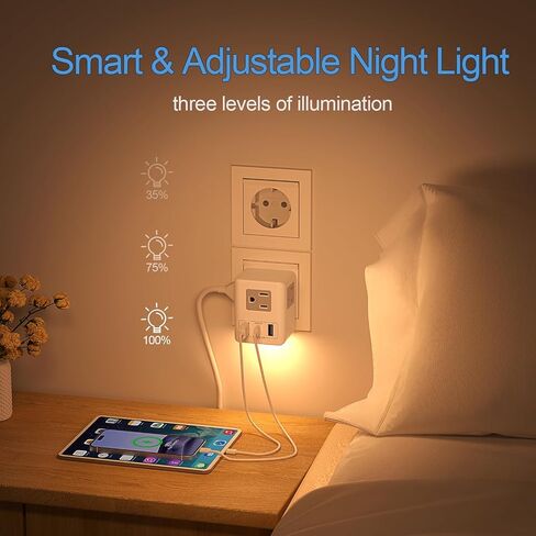 2 Pack European Travel Plug Adapter with Night Light 20W USB C, US to Europe International Power Plug Adapter 3 Outlets 3 USB Ports, JXGUCAT EU Type C Adaptor in Saudi Arabia