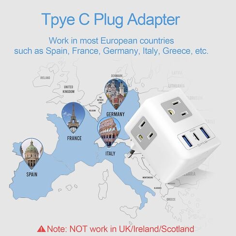2 Pack European Travel Plug Adapter with Night Light 20W USB C, US to Europe International Power Plug Adapter 3 Outlets 3 USB Ports, JXGUCAT EU Type C Adaptor in Saudi Arabia
