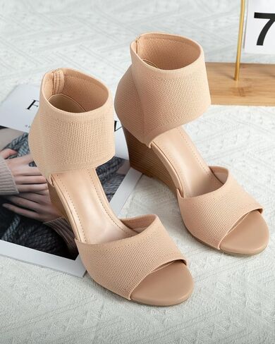 Wedge Sandals for Women Elastic Knit Peep Toe Heels Sandals Comfortable Slip On Wedges Heels Open Toe Summer Ankle Booties Sandals for Women Dressy in Saudi Arabia
