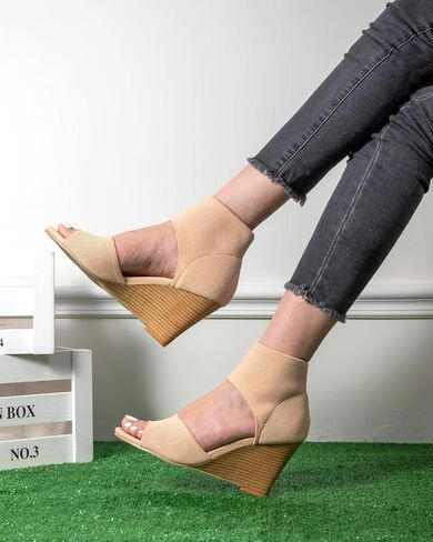 Wedge Sandals for Women Elastic Knit Peep Toe Heels Sandals Comfortable Slip On Wedges Heels Open Toe Summer Ankle Booties Sandals for Women Dressy in Saudi Arabia