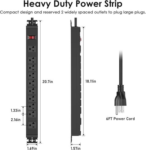 JUNNUJ Multi Angle Mount 10 Outlet 20 Amp Power Strip Heavy Duty, 2700J Surge Protector Under Desk with Switch 20A, Garage Workbench Gaming Outlet Table Wall Mountable, 3FT 12AWG Extension Cord in Saudi Arabia