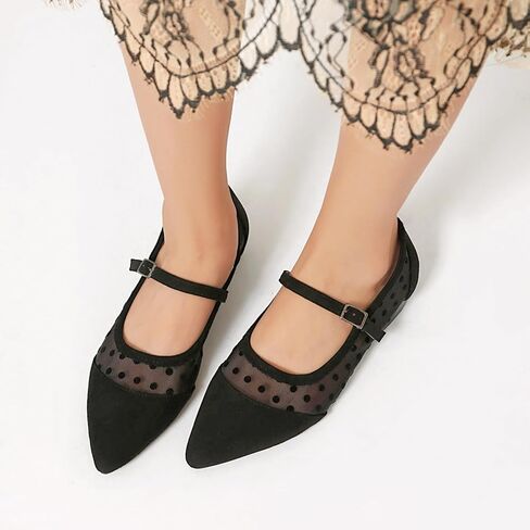 Mesh Ballet Flats for Women Point Toe Splicing Dot Tulle Ballerina Shoes with Adjustable Ankle Strap Comfortable Casual Work Dress Office Womens Flats Shoes in Kuwait