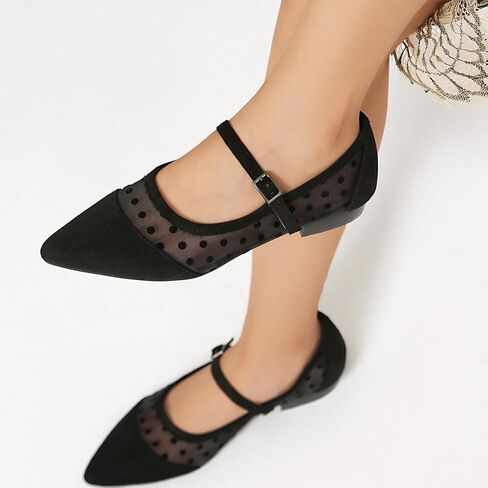 Mesh Ballet Flats for Women Point Toe Splicing Dot Tulle Ballerina Shoes with Adjustable Ankle Strap Comfortable Casual Work Dress Office Womens Flats Shoes in Kuwait