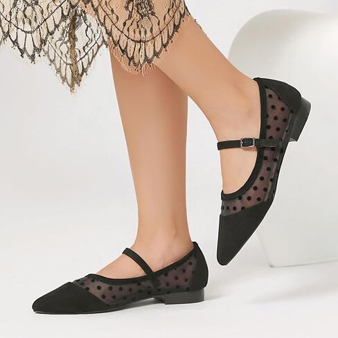 Mesh Ballet Flats for Women Point Toe Splicing Dot Tulle Ballerina Shoes with Adjustable Ankle Strap Comfortable Casual Work Dress Office Womens Flats Shoes in Kuwait