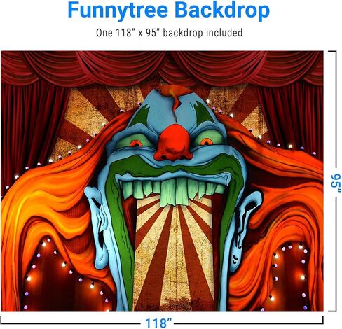Funnytree 10x8ft موضوع سيرك الرعب خلفية الهالوين للتصوير الفوتوغرافي العملاق الشر المهرج هالوماس حفلة عيد ميلاد خلفية مخيف جروف مصاص دماء الطفل كعكة الجدول ديكور راية فوتوبوث استوديو الدعائم in Kuwait