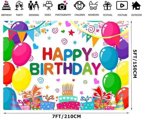 7x5FT Happy Birthday Backdrop Colorful Birthday Banner Backdrop for Kids Gifts Cake Table Birthday Party Indoor Outdoor Decor Supplies F122 in Saudi Arabia