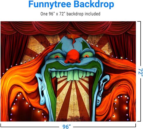 Funnytree 10x8ft موضوع سيرك الرعب خلفية الهالوين للتصوير الفوتوغرافي العملاق الشر المهرج هالوماس حفلة عيد ميلاد خلفية مخيف جروف مصاص دماء الطفل كعكة الجدول ديكور راية فوتوبوث استوديو الدعائم in Kuwait